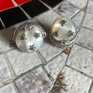 Night sky Crescent moon and stars earrings: Pearl, marcasite, ruby eye - NOS